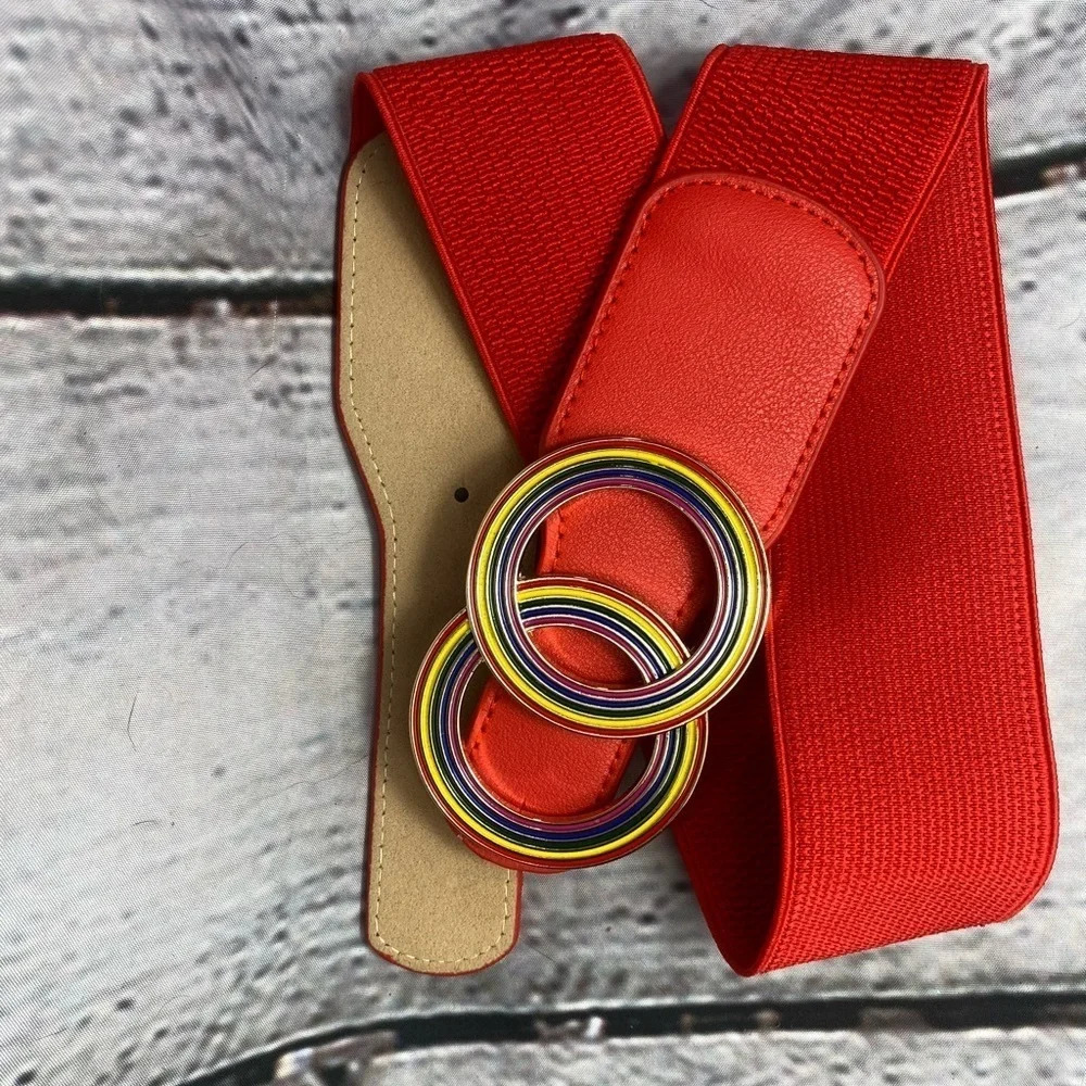 5/$20 Women’s Fine Beltox Elastic Waist‎ Belt Double Rainbow Red 29 inches - Picture 4 of 7
